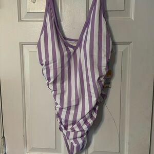 V-Neck Over The Shoulder High Leg One Piece Bathing Suit - Purple -